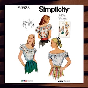 Easy Sewing Pattern for Womens Peasant Tops - Size 4 6 8 10 12 or 14 16 18 20 22 - UNCUT F/F - 1940s Vintage Simplicity 9538 S9538