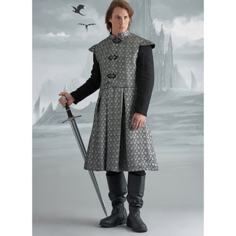 May include: A person in a medieval costume, featuring a silver and grey patterned tunic, black sleeves, and black boots. They are holding a sword. The background shows a castle and dragons.