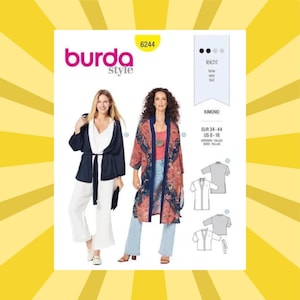 Könnte beinhalten: Ein Burda Style Schnittmuster für einen Kimono. Das Muster zeigt zwei Frauen, die Kimonos tragen. Das Muster enthält den Text "KIMONO" und Größenangaben. Das Burda Style-Logo ist pink.