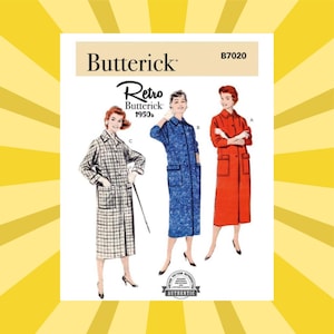May include: Butterick Retro 1950s sewing pattern B7020. The pattern features illustrations of three long coats in different colors and patterns: a plaid coat, a blue floral coat, and a red coat. The pattern includes the word "Authentic".
