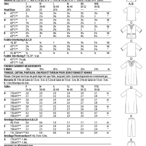 May include: A sewing pattern for a tunic, caftan, pants, hat, and headwrap. The pattern includes instructions and measurements for sizes S, M, L, XL, XXL, and XXXL. The pattern is designed for lightweight woven fabrics such as broadcloth, jacquard, and satin.