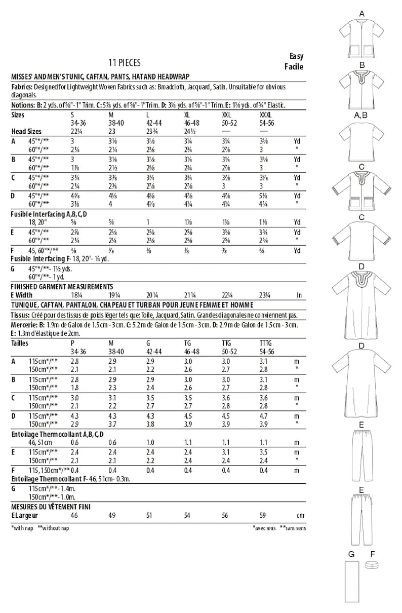 May include: A sewing pattern for a tunic, caftan, pants, hat, and headwrap. The pattern includes instructions and measurements for sizes S, M, L, XL, XXL, and XXXL. The pattern is designed for lightweight woven fabrics such as broadcloth, jacquard, and satin.