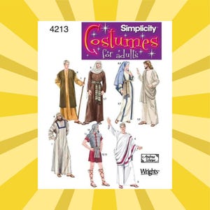 May include: A Simplicity costume pattern for adults, featuring various historical and biblical outfits. The package includes illustrations of several costume designs, including robes, tunics, and Roman attire. The text "Costumes for adults" is displayed prominently.