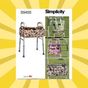 May include: Simplicity pattern S9400 for walker bags. The image shows several walker bag designs in various floral patterns. The bags attach to the walker frame and provide storage. The bags are in shades of brown, beige, and green.
