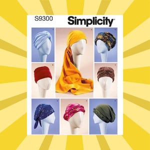 May include: Simplicity pattern S9300 featuring various head wrap designs. The image showcases several head wraps in different colors and styles, including blue, red, yellow, and patterned fabrics. The head wraps are displayed on mannequin heads.