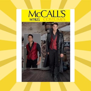 May include: McCall's M7821 costume pattern. The pattern features a man in a black coat, red vest, and black pants. A smaller image shows the vest and black shirt. The word "COSTUMES" is in yellow.