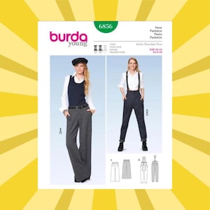 May include: A sewing pattern from Burda Young, featuring two pant styles. The pattern includes a photo of a woman wearing wide-leg gray pants and a woman wearing dark blue pants with suspenders. The pattern number is 6856.