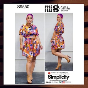 May include: A sewing pattern for a two-piece outfit with a cropped top and a skirt. The pattern is from Simplicity and is designed by Mimi G. The outfit is shown in a floral print with orange, purple, and yellow colors. The pattern number is S9550.