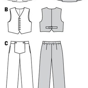 May include: A technical illustration showing four clothing patterns labeled A through D. Item A is a long-sleeved coat with a high-low hem. Item B is a button-front vest. Item C is a pair of full-length trousers. Item D is a pair of cropped trousers.