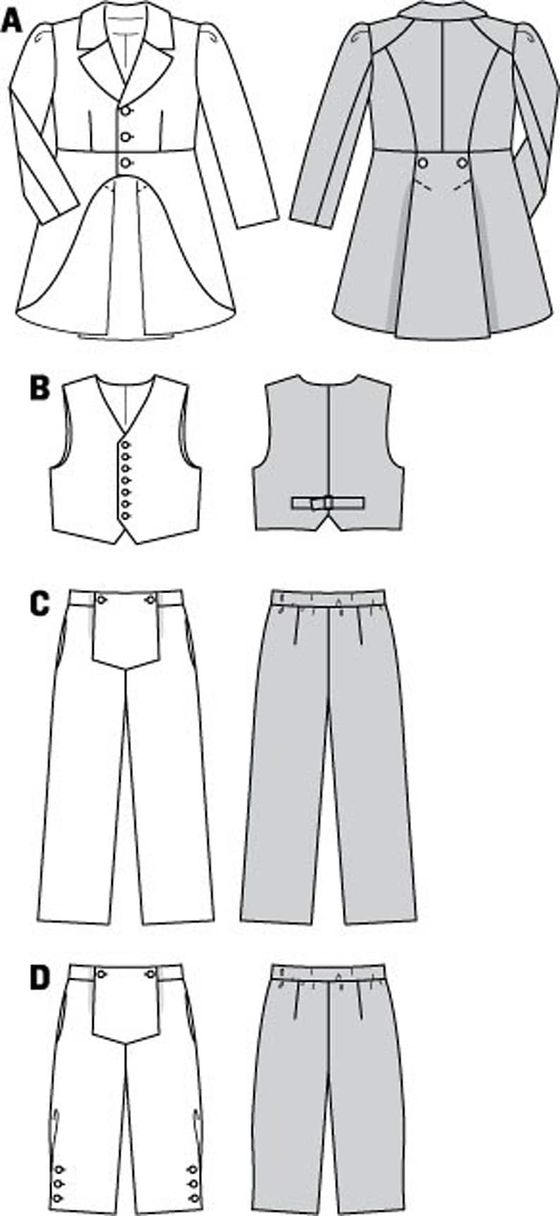 May include: A technical illustration showing four clothing patterns labeled A through D. Item A is a long-sleeved coat with a high-low hem. Item B is a button-front vest. Item C is a pair of full-length trousers. Item D is a pair of cropped trousers.