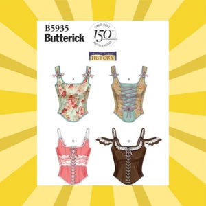 May include: A Butterick sewing pattern B5935 featuring four different corset designs. The corsets are in various colors and patterns, including floral and lace-up styles. The pattern celebrates Butterick's 150th anniversary.