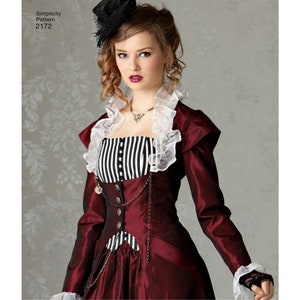May include: A burgundy steampunk-style dress with a black and white striped bodice, ruffled white collar, and black lace gloves. The dress features a small black top hat and the text "Simplicity Pattern 2172".