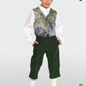 May include: A white long-sleeved collared shirt, a patterned vest with shades of green, blue, and yellow, dark green knee-length trousers, white socks, and black shoes. The letter B is visible in the upper right and the letter D in the lower right.