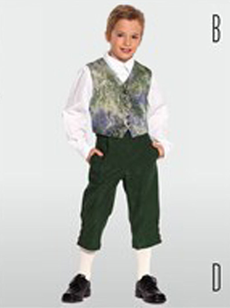 May include: A white long-sleeved collared shirt, a patterned vest with shades of green, blue, and yellow, dark green knee-length trousers, white socks, and black shoes. The letter B is visible in the upper right and the letter D in the lower right.