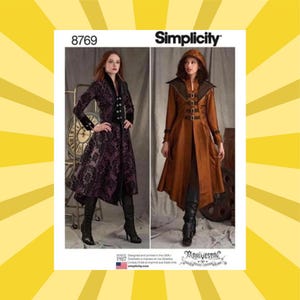 May include: Simplicity pattern 8769 showing two long coats. One is dark purple with a floral design and black trim. The other is brown with a hood and buckle details. The pattern is labelled "Archivestral".