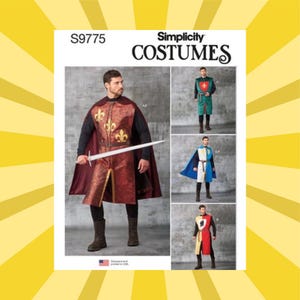 May include: Simplicity Costumes pattern S9775. The image shows a pattern for medieval costumes. The main image features a person in a red and gold tunic with a cape and sword. Other costume variations include green, blue, and cream-colored outfits.
