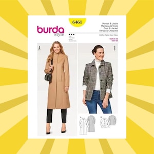 May include: A Burda Style sewing pattern, number 6461, featuring two coat and jacket designs. The pattern includes a long, tan coat and a black and white patterned jacket. The pattern also includes sizing information.