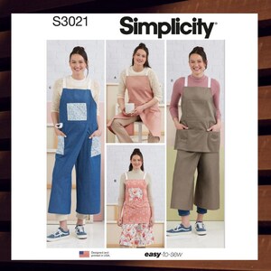 May include: A sewing pattern for three different apron styles. The pattern is called Simplicity S3021 and is labeled "easy-to-sew". The aprons are shown in different colors and fabrics, including denim, pink, and brown.