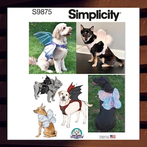 May include: Simplicity sewing pattern S9875 for dog costumes. The pattern includes five different costumes: a dragon, a bat, a butterfly, a fairy, and a vampire. The pattern is designed and printed in the USA.