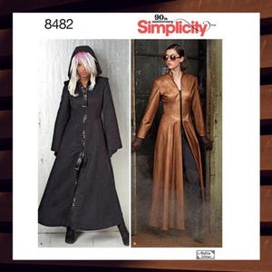 May include: Two long coats, one black and one brown, with a zipper down the front and a hood. The black coat has a zipper detail and the brown coat has a belt. The image is from Simplicity pattern 8482.