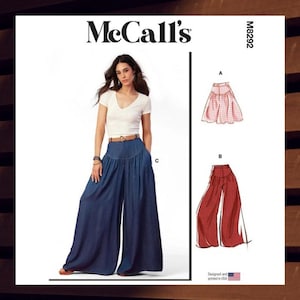 May include: McCall's sewing pattern M8292 for wide-leg pants. The pattern includes three views: a pair of wide-leg pants in denim, a pair of wide-leg pants in red, and a skirt in pink and white gingham.