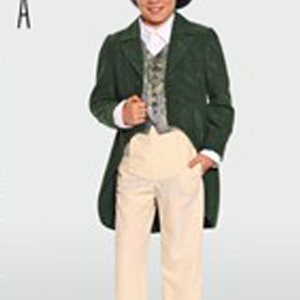 May include: A formal ensemble featuring a dark green tailcoat, a patterned grey vest, a white collared shirt, and cream-colored trousers. The outfit is completed with a black top hat and black dress shoes. The letter A is visible on the left.