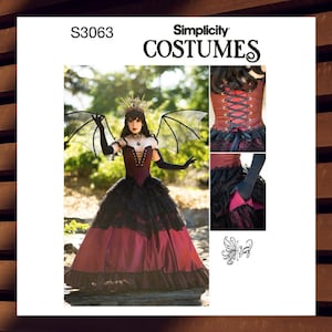 May include: Simplicity Costumes pattern S3063. A gothic-style costume with a burgundy and black ball gown, corset, and bat wings. The bodice has a lace-up front. The image includes detail shots of the costume and a small illustration.