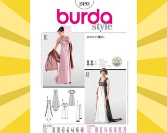 Patrón de costura para vestido Josephine de mujer - Tallas 10 12 14 16 18 20 22 Largo hasta el suelo, corte imperio con cola y estola - SIN CORTAR F/F - Burda 2493