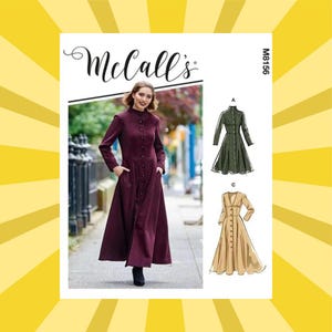 May include: A McCall's sewing pattern featuring a burgundy button-down dress with long sleeves and pockets. The pattern includes illustrations of the dress in different styles. The image has a yellow background with diagonal stripes.
