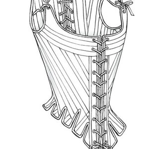 Op de afbeelding: Een zwart-wit illustratie van een korset. Het korset heeft verticale en horizontale lijnen, met vetersluiting aan de voorkant en strikken aan de boven- en onderkant. Het kledingstuk is ontworpen om de taille te accentueren.