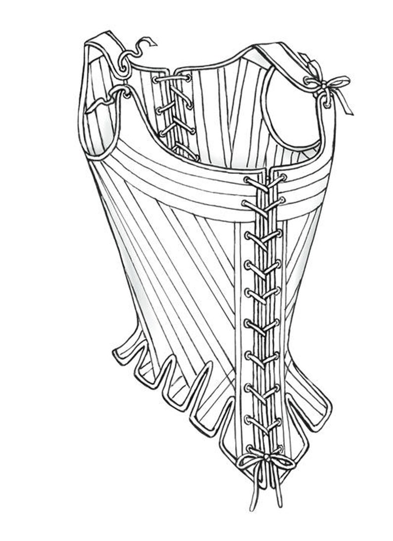 Op de afbeelding: Een zwart-wit illustratie van een korset. Het korset heeft verticale en horizontale lijnen, met vetersluiting aan de voorkant en strikken aan de boven- en onderkant. Het kledingstuk is ontworpen om de taille te accentueren.