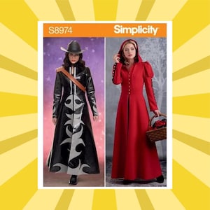 May include: Simplicity pattern S8974 shows two costume designs. One is a black and silver coat with a cowboy hat. The other is a long red hooded dress with gold buttons. The pattern is displayed on a white background.