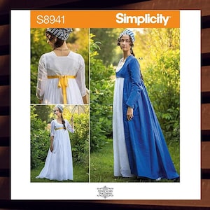 May include: Simplicity sewing pattern number S8941 for a white and blue dress with a yellow sash. The pattern is for an American Duchess style dress.