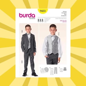 May include: A sewing pattern for children's suits, featuring two suit styles. The pattern includes a gray pinstripe suit with a vest and bow tie, and a gray vest with a white shirt and bow tie. The Burda Kids logo and pattern number 9433 are visible.
