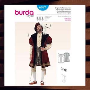 Sewing Pattern for Mens Renaissance Costume - Size 36 38 40 42 44 46 48 50 Coat,  Hat and Socks - UNCUT F/F - Burda 6887