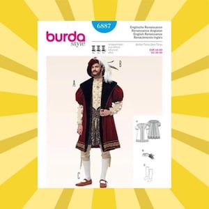 May include: A Burda Style sewing pattern for a Renaissance costume. The pattern features a man in a burgundy and black velvet coat with a white shirt and breeches. The pattern includes the number 6887 and text in English, French, German, and Spanish.