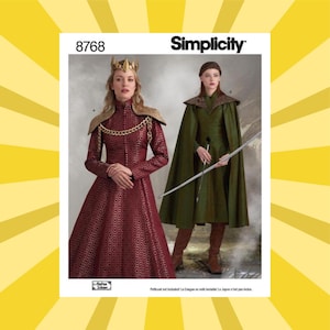 May include: Simplicity pattern 8768 features two medieval costume designs. One is a burgundy dress with gold accents and a crown. The other is a green cape and dress ensemble with a headpiece and bow.