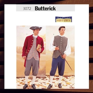 May include: Two men wearing historical clothing. The man on the left is wearing a red coat, a gray vest, and gray pants. The man on the right is wearing a gray vest, a white shirt, and blue pants. Both men are wearing white socks and black shoes. The image is from a sewing pattern book titled "Making History".