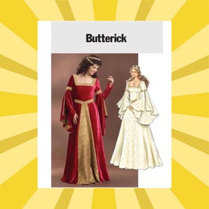 May include: A red and gold medieval-style dress with long sleeves and a square neckline. The image also features a line drawing of a white dress with long sleeves. The word "Butterick" is printed at the top of the image.