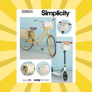 May include: Simplicity sewing pattern S9804 featuring bicycle and scooter bags. The bags have various floral and gingham patterns. The image shows a yellow bicycle and a white scooter with the bags attached. The text "easy-to-sew" is also visible.
