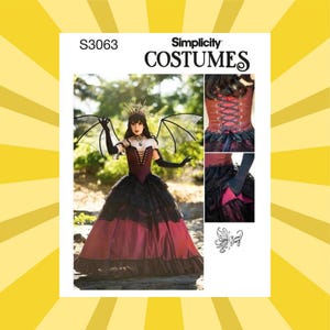 May include: Simplicity Costumes pattern S3063. The image shows a costume with a burgundy bodice and a black and burgundy skirt. The costume has bat wings and a crown. The pattern includes close-up images of the bodice and skirt.