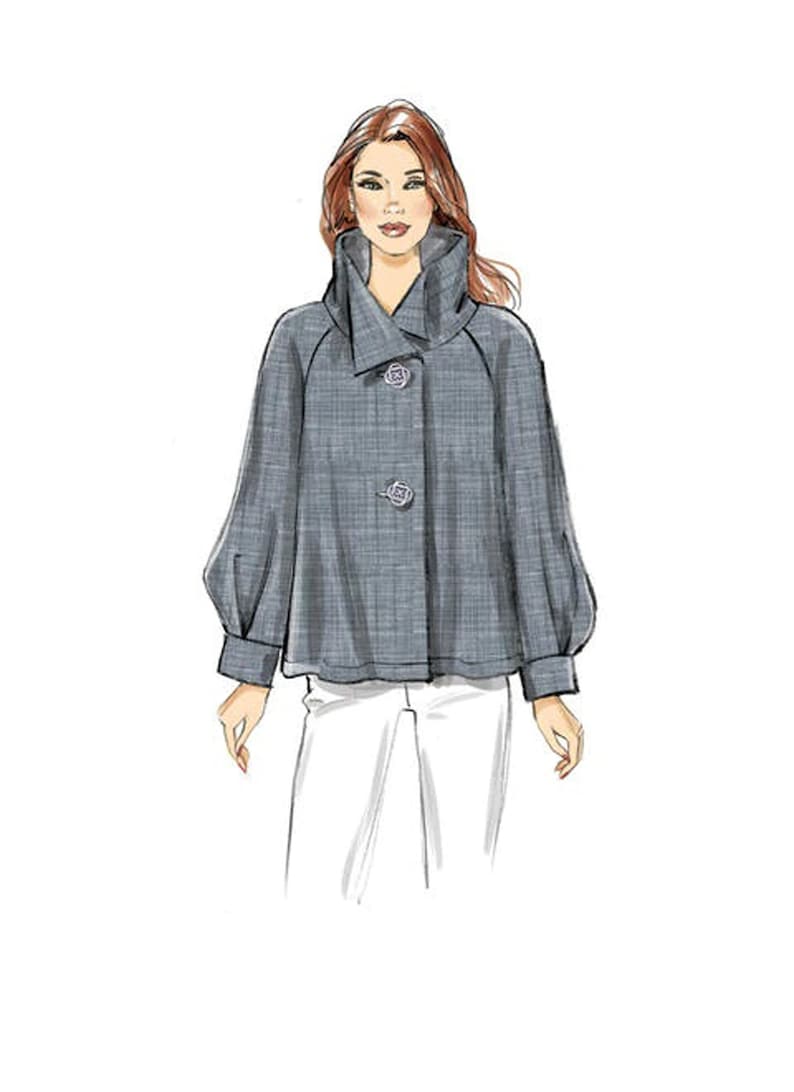Puede incluir: Ilustraci&oacute;n de una chaqueta gris con cuello alto y mangas grandes y redondeadas. La chaqueta tiene dos botones decorativos y se combina con pantalones blancos. La tela de la chaqueta tiene un sutil estampado de cuadros.