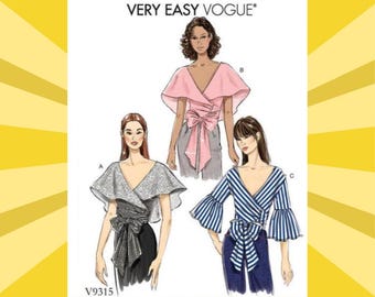 Patrón de costura para tops cortos de mujer - Tallas 6, 8, 10, 12, 14 o 14, 16, 18, 20 y 22. Frente cruzado, cuello drapeado - SIN CORTAR - Vogue 9315 V9315