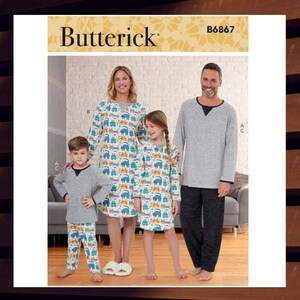 Easy Sewing Pattern for Men Women Kids Knit Nightshirt Top Pants - Adult S-XL and Kids XS-L (All Sizes) - UNCUT F/F - Butterick 6867 B6867