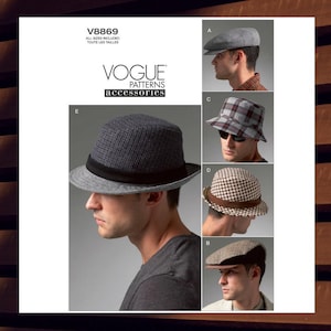 May include: Vogue Patterns accessories catalog featuring various hat styles. The image showcases a fedora, a newsboy cap, a bucket hat, and a houndstooth hat. The hats are in different colors and patterns, including gray, brown, and plaid.