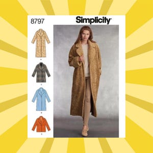 May include: Simplicity pattern 8797 features a long coat design. The image shows a woman wearing a long, tan, textured coat. The pattern includes illustrations of coats in tan, plaid, blue, and orange. The Simplicity logo is at the top.