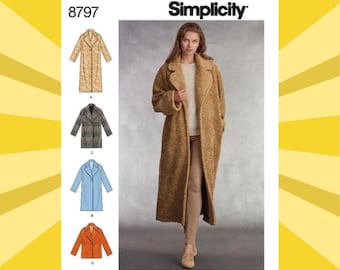 Sewing Pattern for Womens Coats - Size XS S M L XL (6-24) Lined, Over-Sized, Length Options - UNCUT F/F - Simplicity 8797 S8797