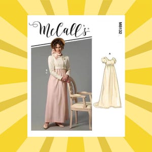 May include: McCall's sewing pattern M8132 featuring a woman in a pink dress and cream-colored jacket. The pattern includes a drawing of a long, cream-colored dress with short sleeves. The McCall's logo is at the top.