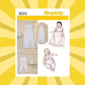 May include: Simplicity pattern 8024 features baby baptism and christening outfits. The image shows illustrations of white dresses, rompers, bonnets, and a baby in a dress. The pattern includes various styles and designs for special occasions.