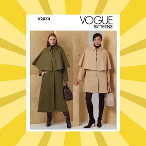 May include: Vogue Patterns V2074 sewing pattern envelope featuring two coat designs. One is a long olive green coat with a cape overlay and buttons. The other is a shorter beige coat with a cape overlay, buttons, and long sleeves. Both coats have collars.